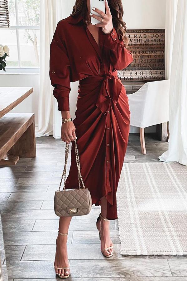 New  Satin Tie Drape Midi Dress