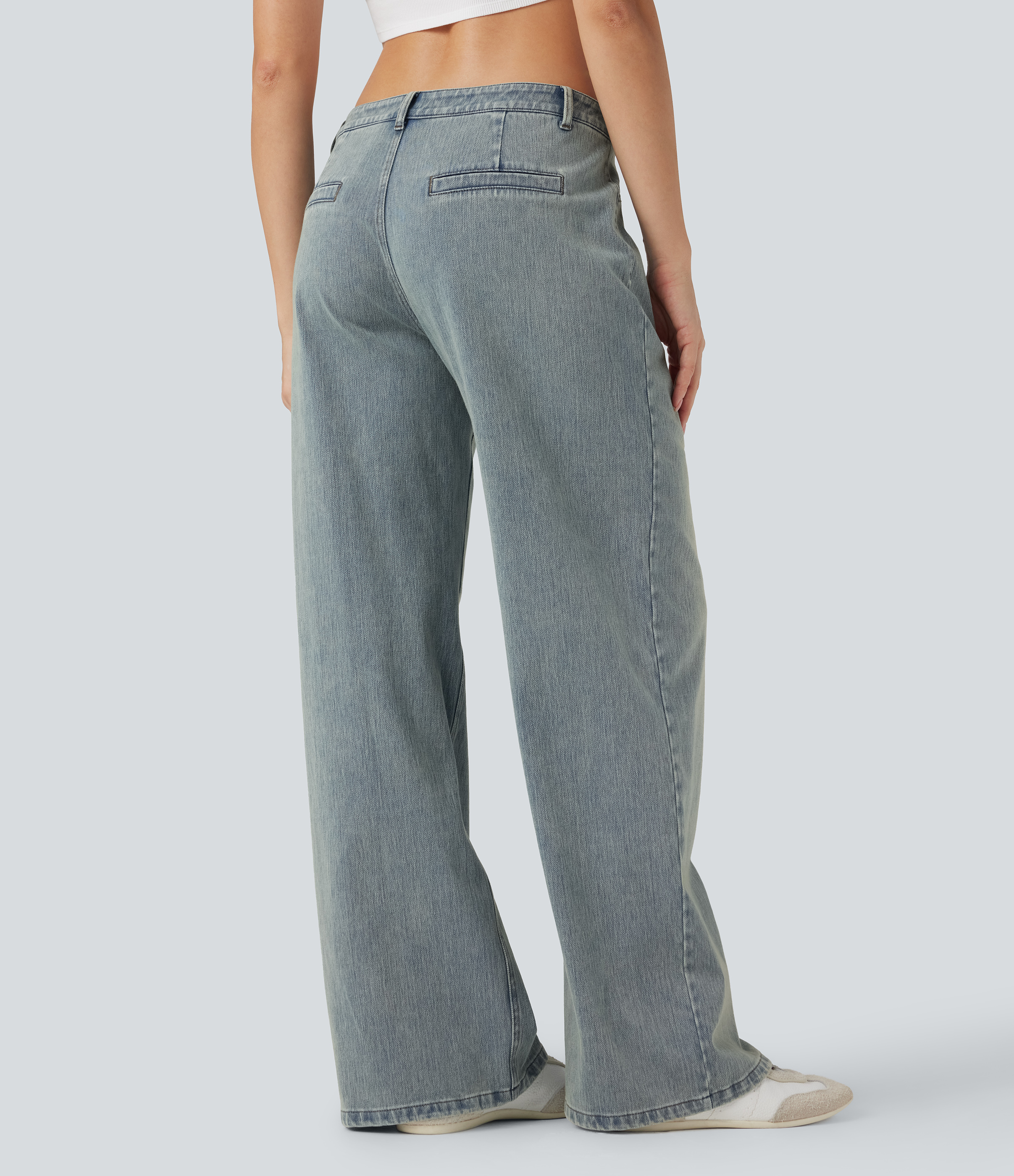 Mid Rise Wide Leg Washed Casual Jeans with Pockets