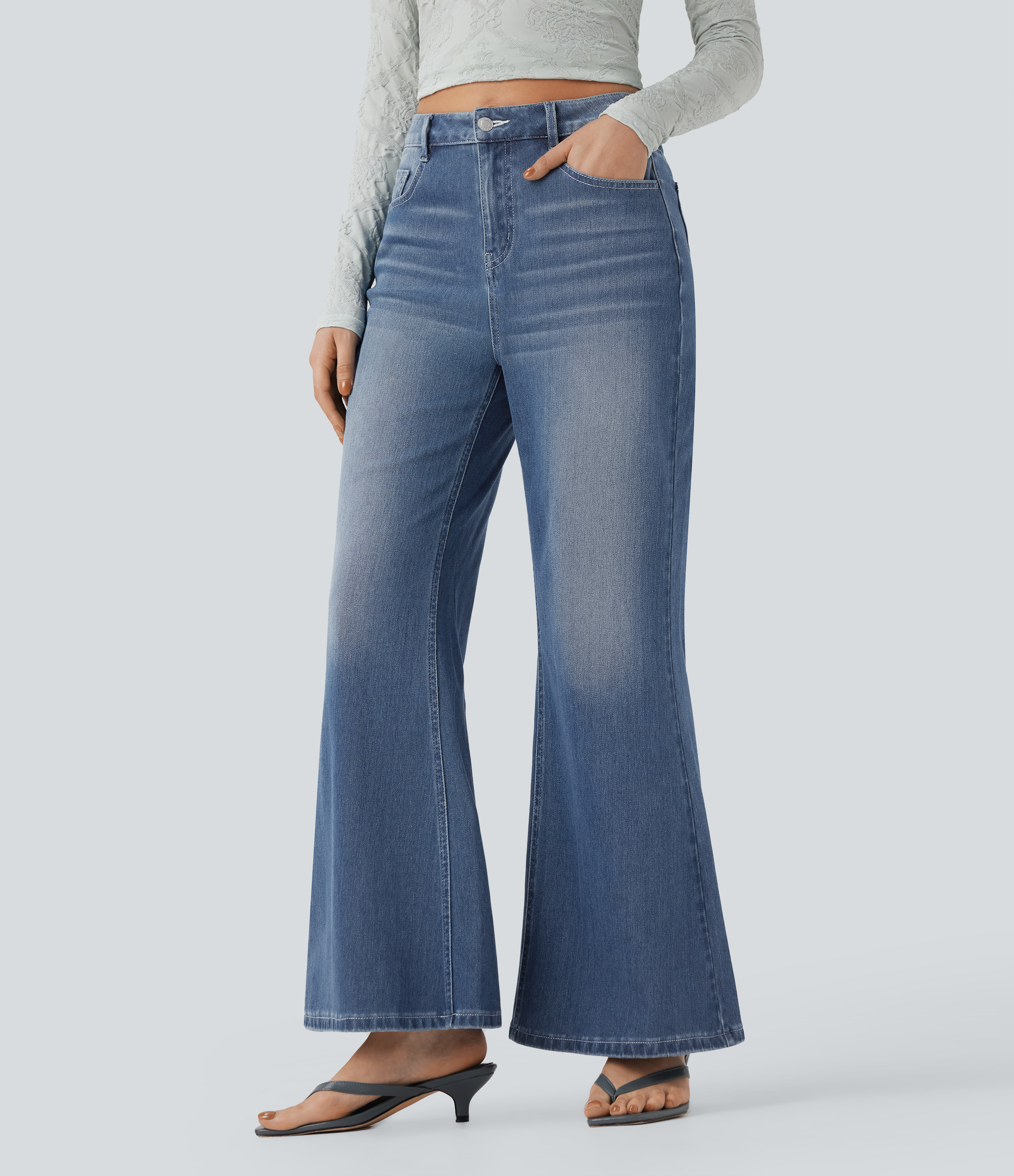High Waisted Casual Flare Jeans with Pockets