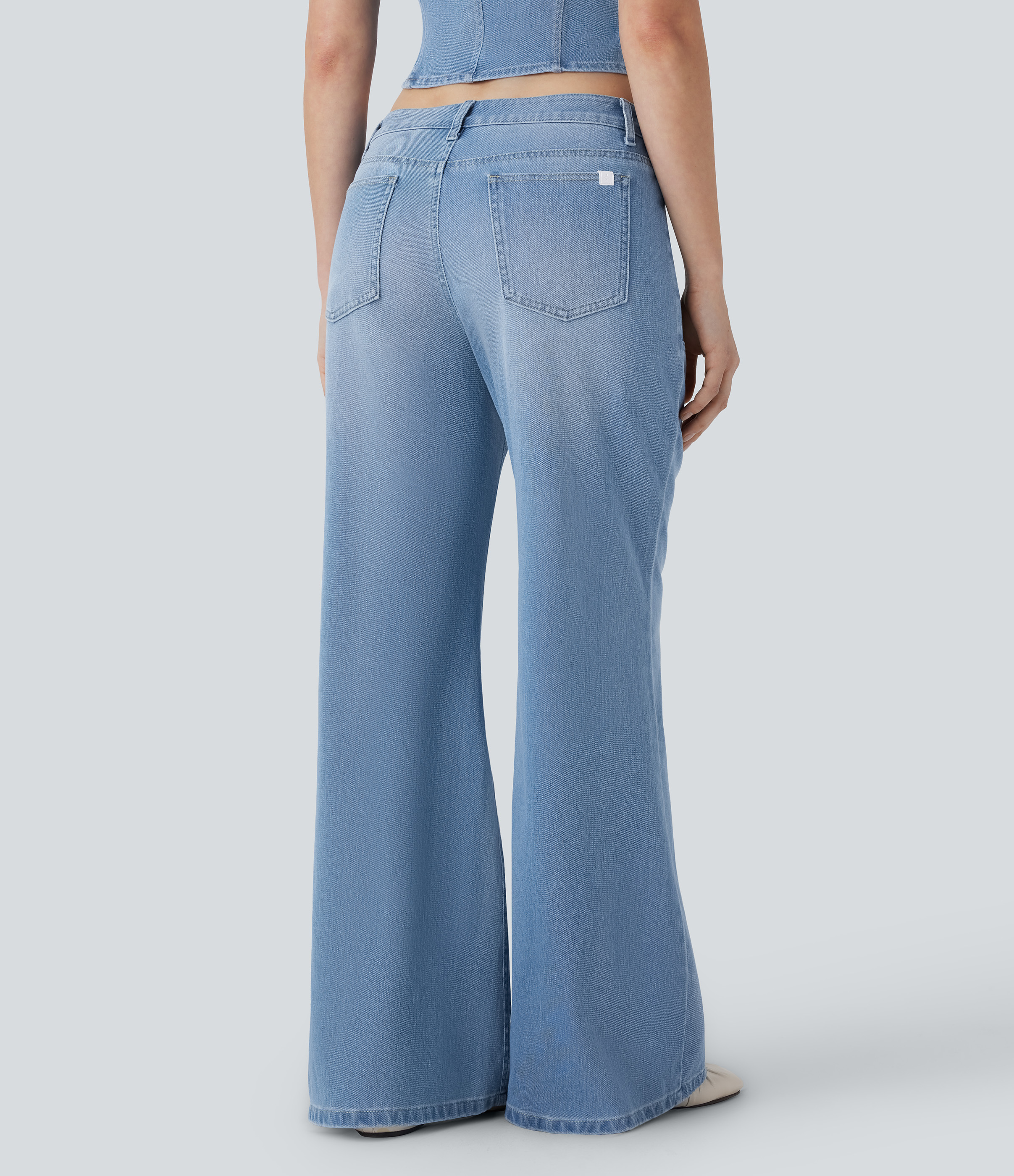 Low Rise Zipper Pockets Baggy Wide Leg Flare Washed Casual Jeans